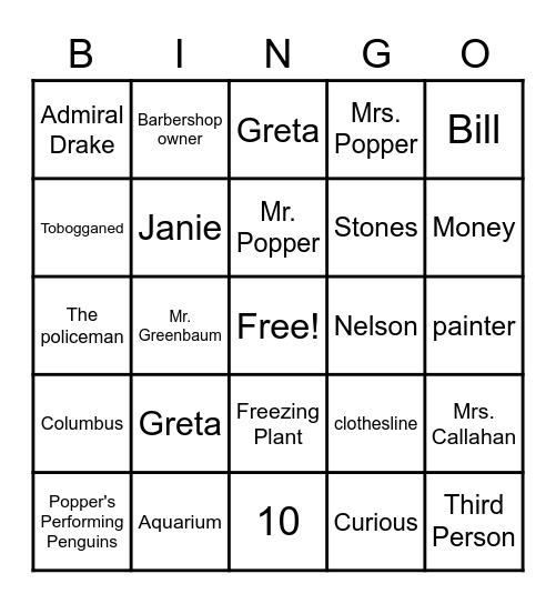 Mr. Popper's Penguins Bingo Card