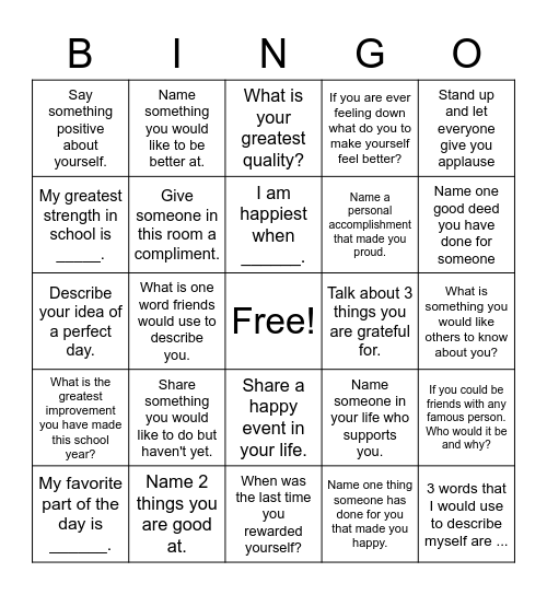 Self-Esteem Bingo! Bingo Card