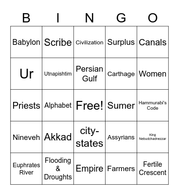 Mesopotamia Bingo Card