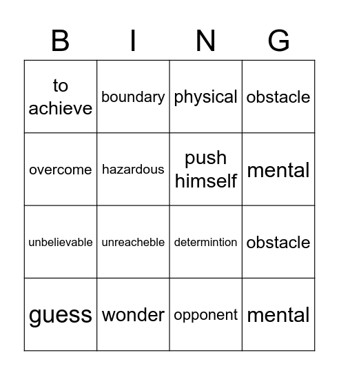 Vocabulary Game Bingo Card