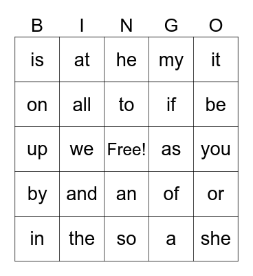 Sight Words Bingo Card