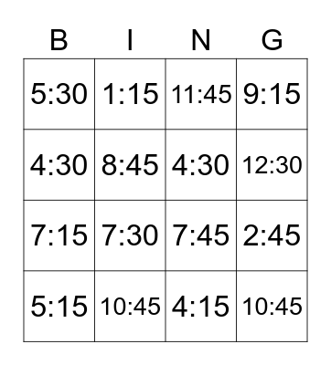 Bingo Time to hour, half, quarter Bingo Card