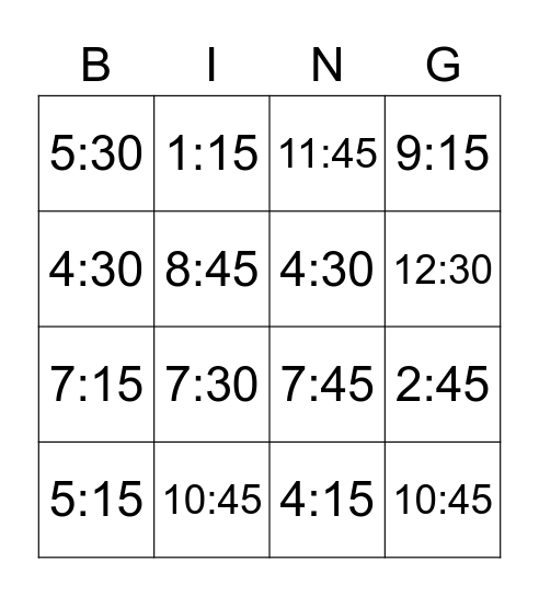 Bingo Time to hour, half, quarter Bingo Card