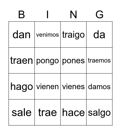 Los verbos regulares en español Bingo Card