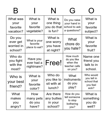 Questions Bingo Card