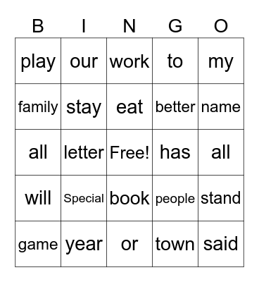 Sight Words Bingo Card