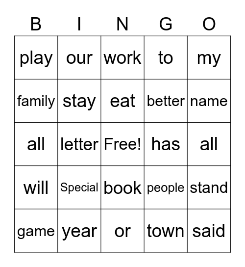 Sight Words Bingo Card