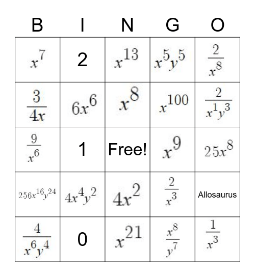 Exponent Rules Bingo Card