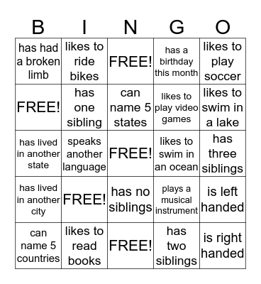 GETTING TO KNOW YOU Bingo Card