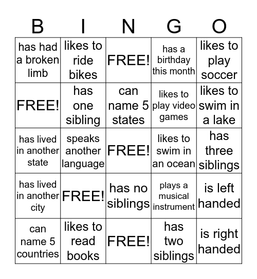 GETTING TO KNOW YOU Bingo Card