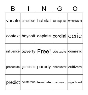 Vocabulary Bingo Card