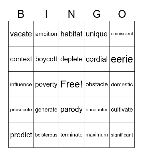 Vocabulary Bingo Card