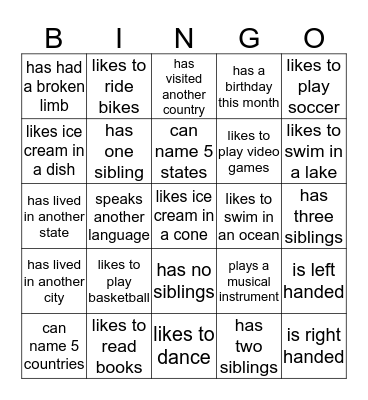 GETTING TO KNOW YOU Bingo Card