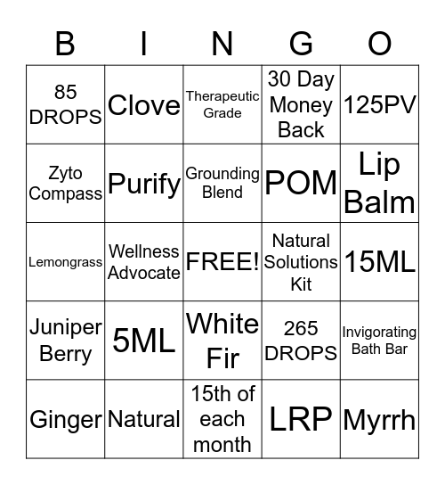 ESSENTIAL OILS  Bingo Card