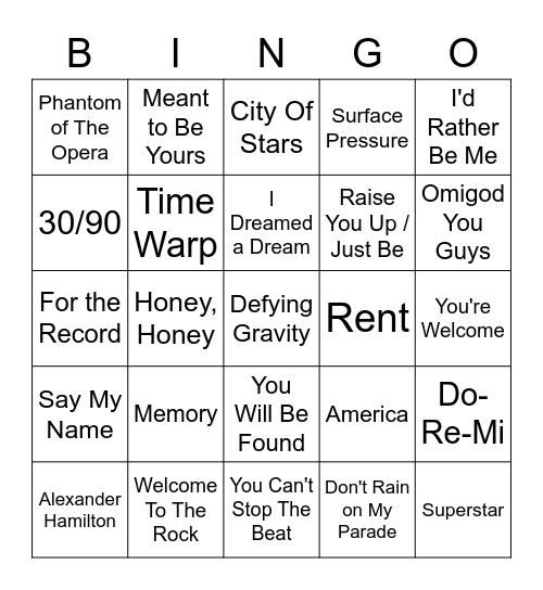 Music Bingo - Musicals Bingo Card