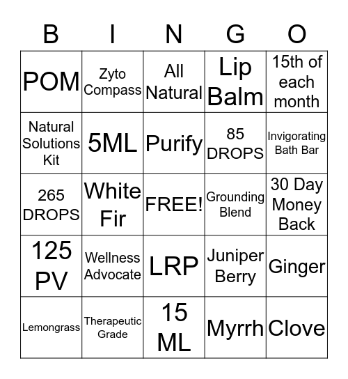 Essential OIls Bingo Card