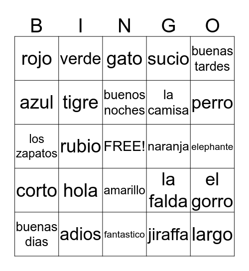 Spanish Revision Bingo Card