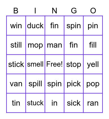Word Family Bingo Card