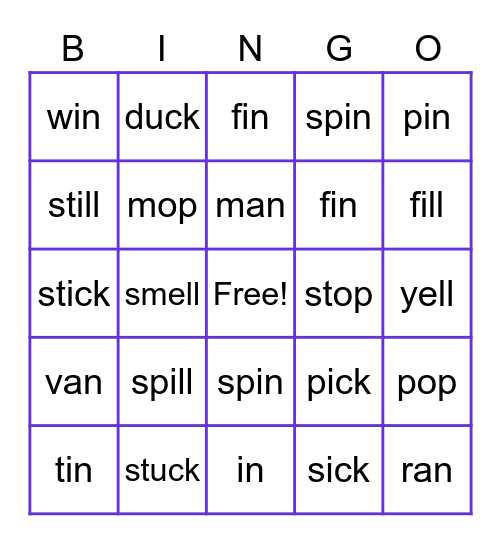 Word Family Bingo Card