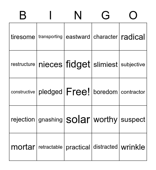 7th Period Bingo Card