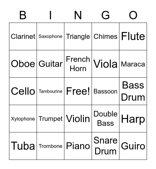 Instrument Families Bingo Card
