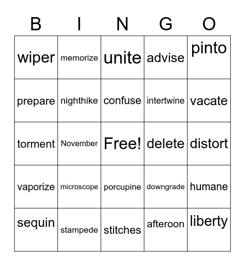 James Spelling Bingo Card