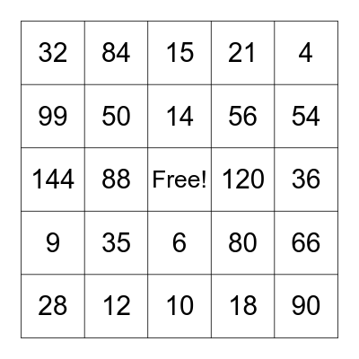 Multiplication Bingo Card