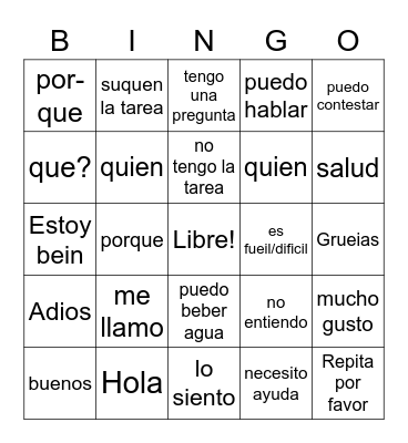 Spanish Common Phrases Bingo Card