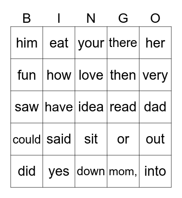 Sight Words Bingo Card