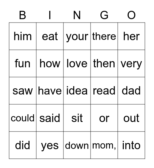 Sight Words Bingo Card