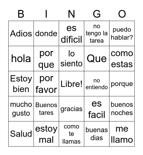 Spanish common phrases bingo card Bingo Card