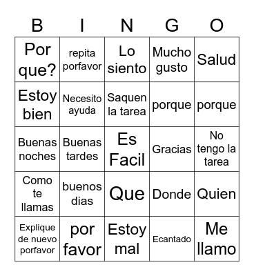 Spanish common  phrases Bingo Card