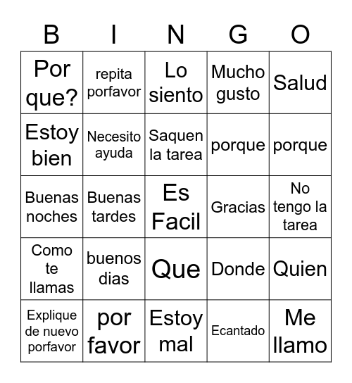 Spanish common  phrases Bingo Card