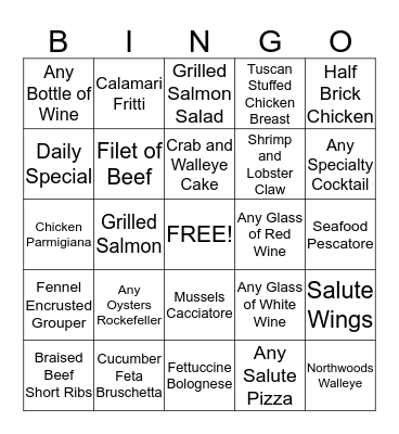Salute Dinner Bingo!  Bingo Card