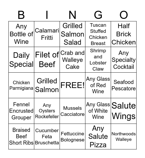Salute Dinner Bingo!  Bingo Card