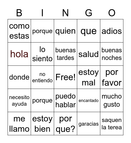 spanish common phrases Bingo Card