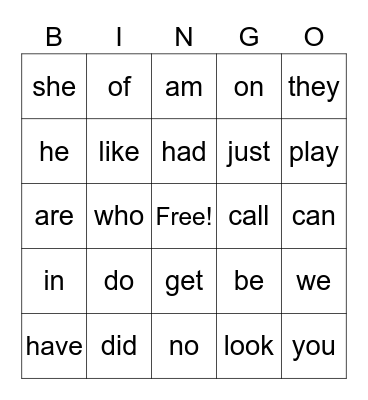 Sight Words Bingo Card