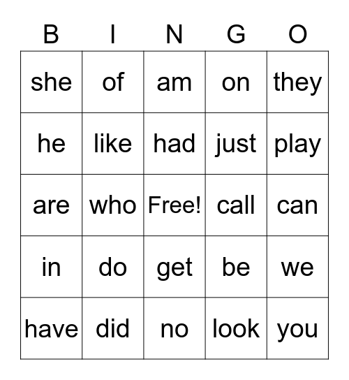 Sight Words Bingo Card