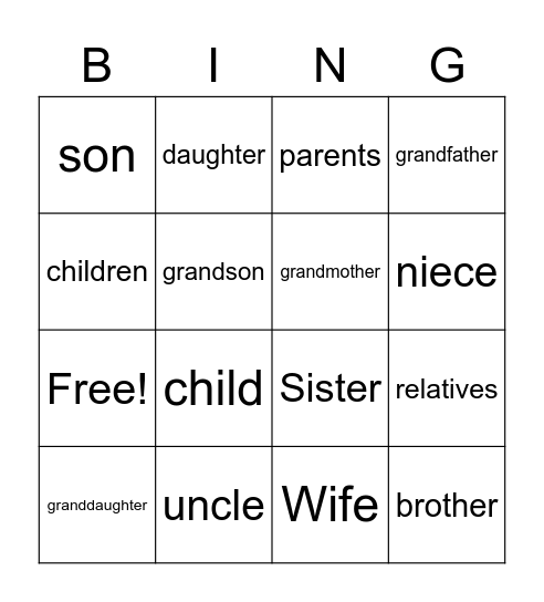 Family Members Bingo Card