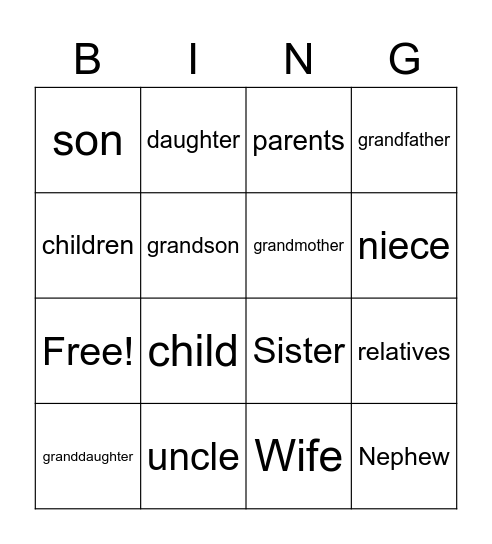Family Members Bingo Card