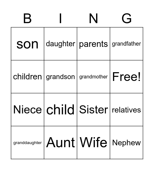 Family Members Bingo Card