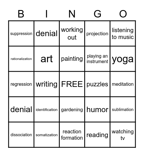 Defense & Coping Mechanism BINGO Card