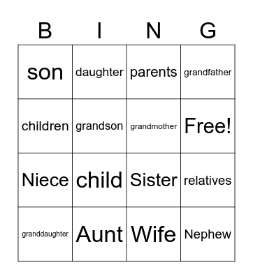 Family Members Bingo Card