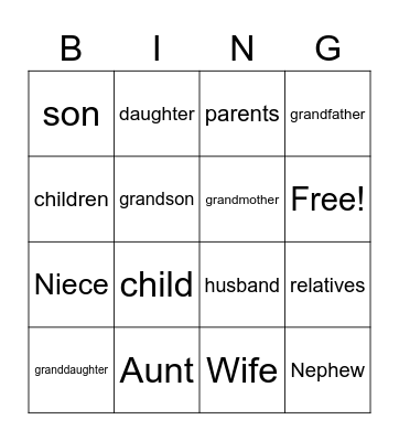 Family Members Bingo Card