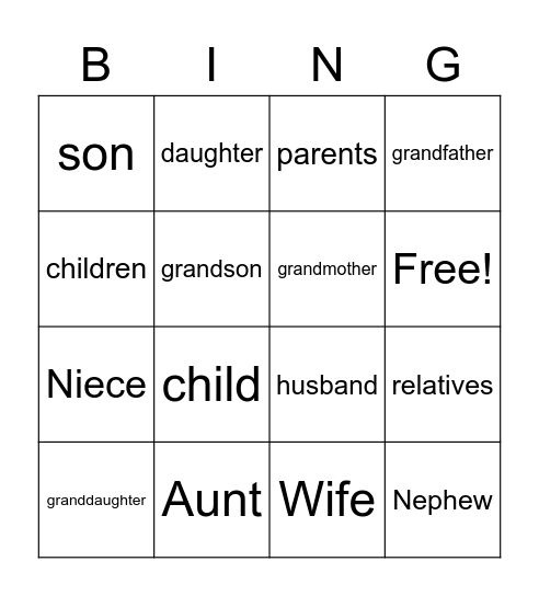 Family Members Bingo Card