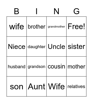 Family Members Bingo Card