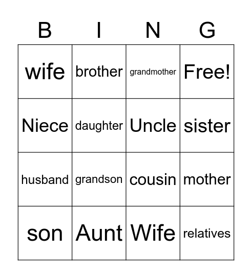 Family Members Bingo Card