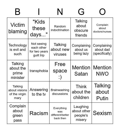 Conservative People bingo Card