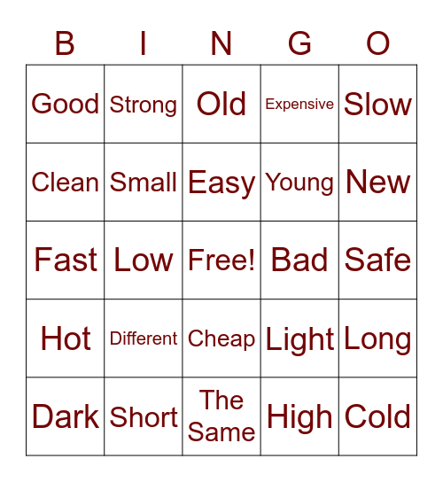 Adjectives Bingo Card