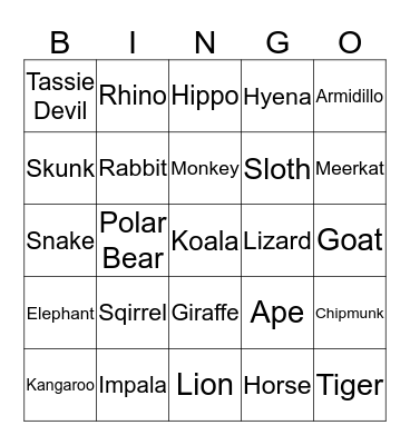 Animals Bingo Card